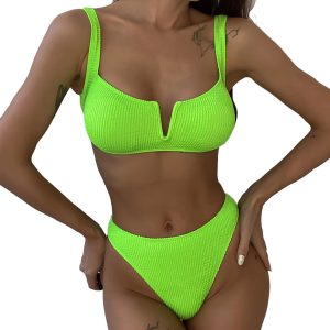 Ribbed Swimwear Push Up Swimsuits Solid Biquini Strap Bathing Suit