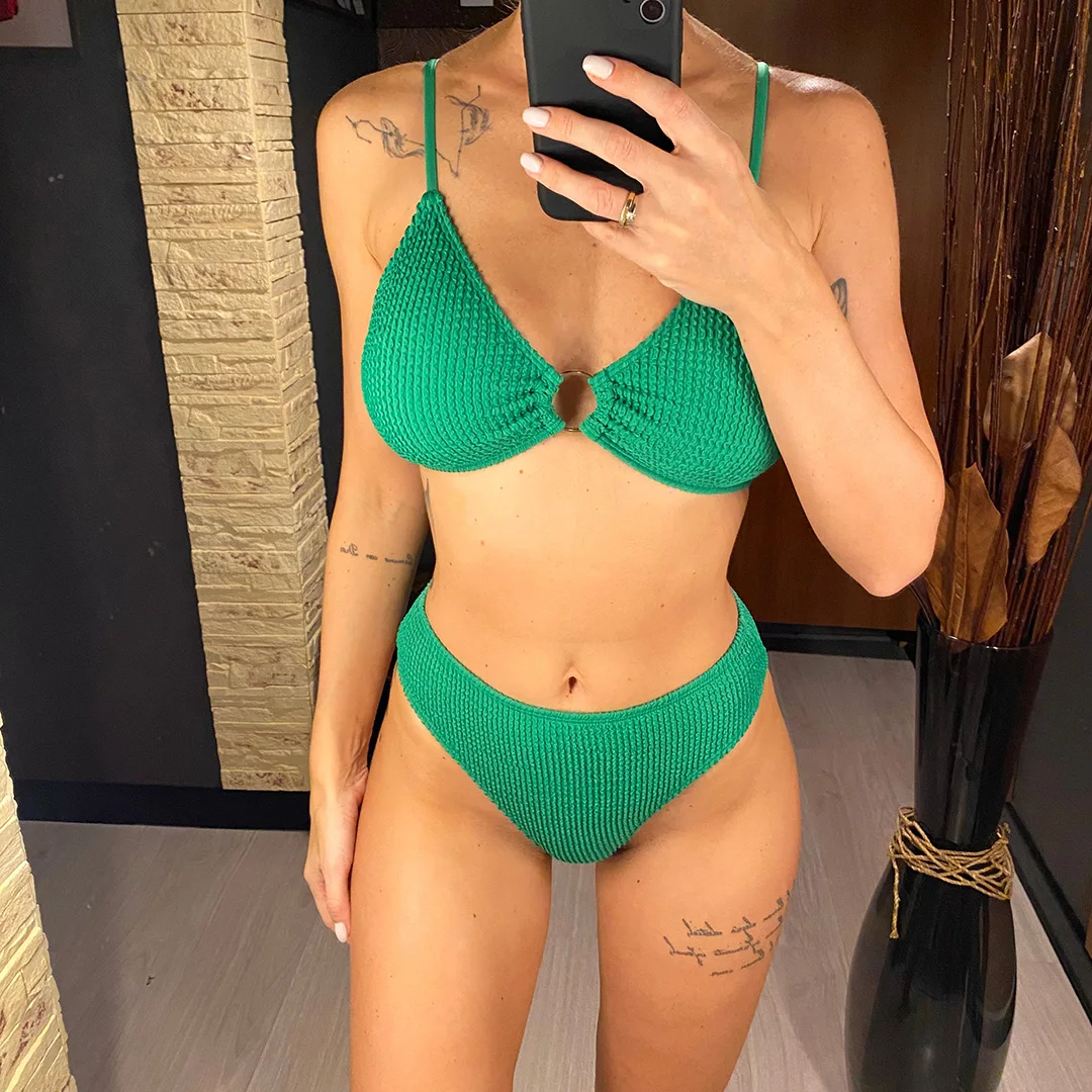 Ring Lined Textured Bikini Swimsuit Two-piece Bikini Set High Cut Bathing Suit - Image 5