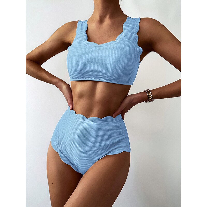 Scallop Trim High Waist Bikini Swimsuit Women Swimwear Push Up Bikini Set Lace-up Bathing Suit - Image 2