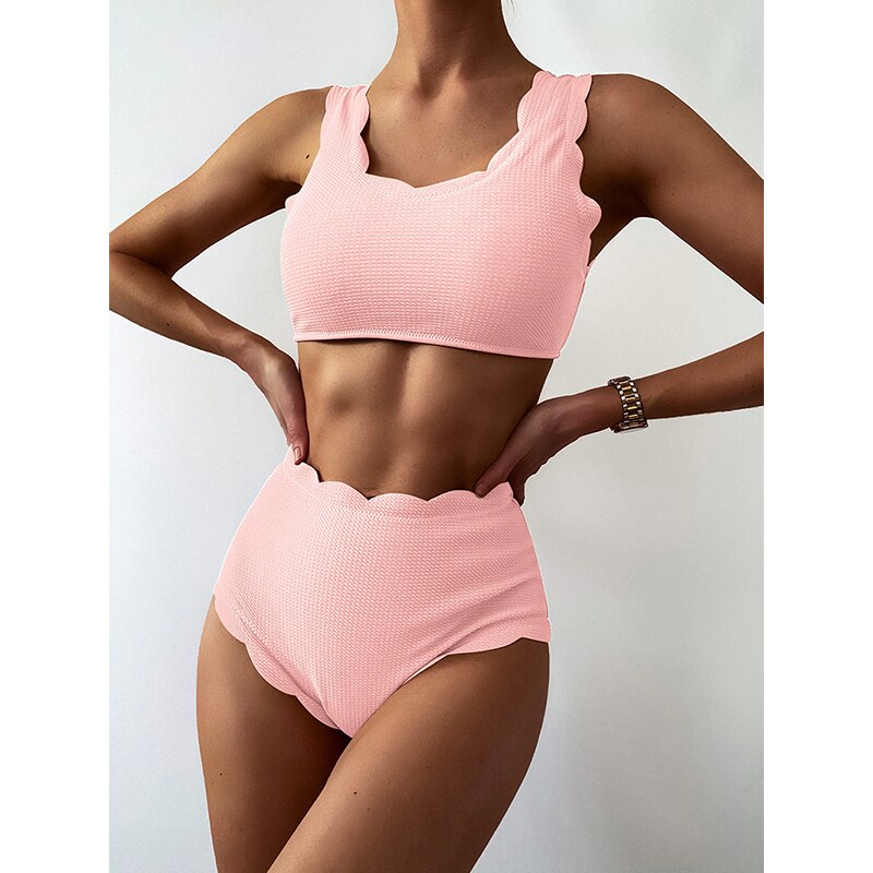 Scallop Trim High Waist Bikini Swimsuit Women Swimwear Push Up Bikini Set Lace-up Bathing Suit - Image 3