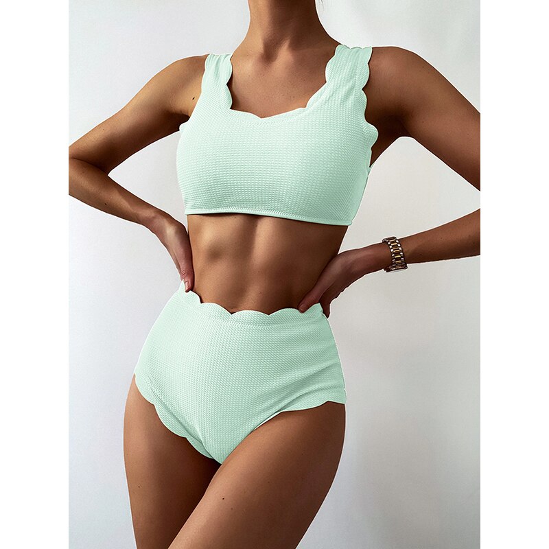 Scallop Trim High Waist Bikini Swimsuit Women Swimwear Push Up Bikini Set Lace-up Bathing Suit
