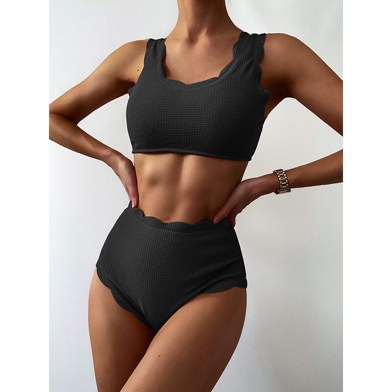 Scallop Trim High Waist Bikini Swimsuit Women Swimwear Push Up Bikini Set Lace-up Bathing Suit - Image 7