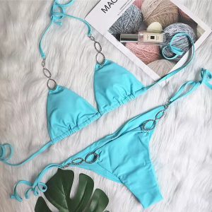 Trendy Bandage Rhinestone Thong Push Up Bikini Set