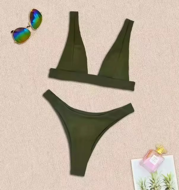 Trendy Push Up Two Piece Bikini Set Solid Bather Bathing Suit - Image 17