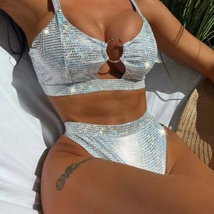 Trendy Shiny Hollow Out Swimwear Ring Bathing Suit