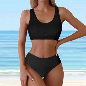 Trendy Solid High Waist Back Cross Bikini Sets Swimsuit