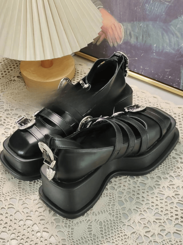 Belt Buckle Black Leather Shoes for Women Sandals Pumps Mary Jane