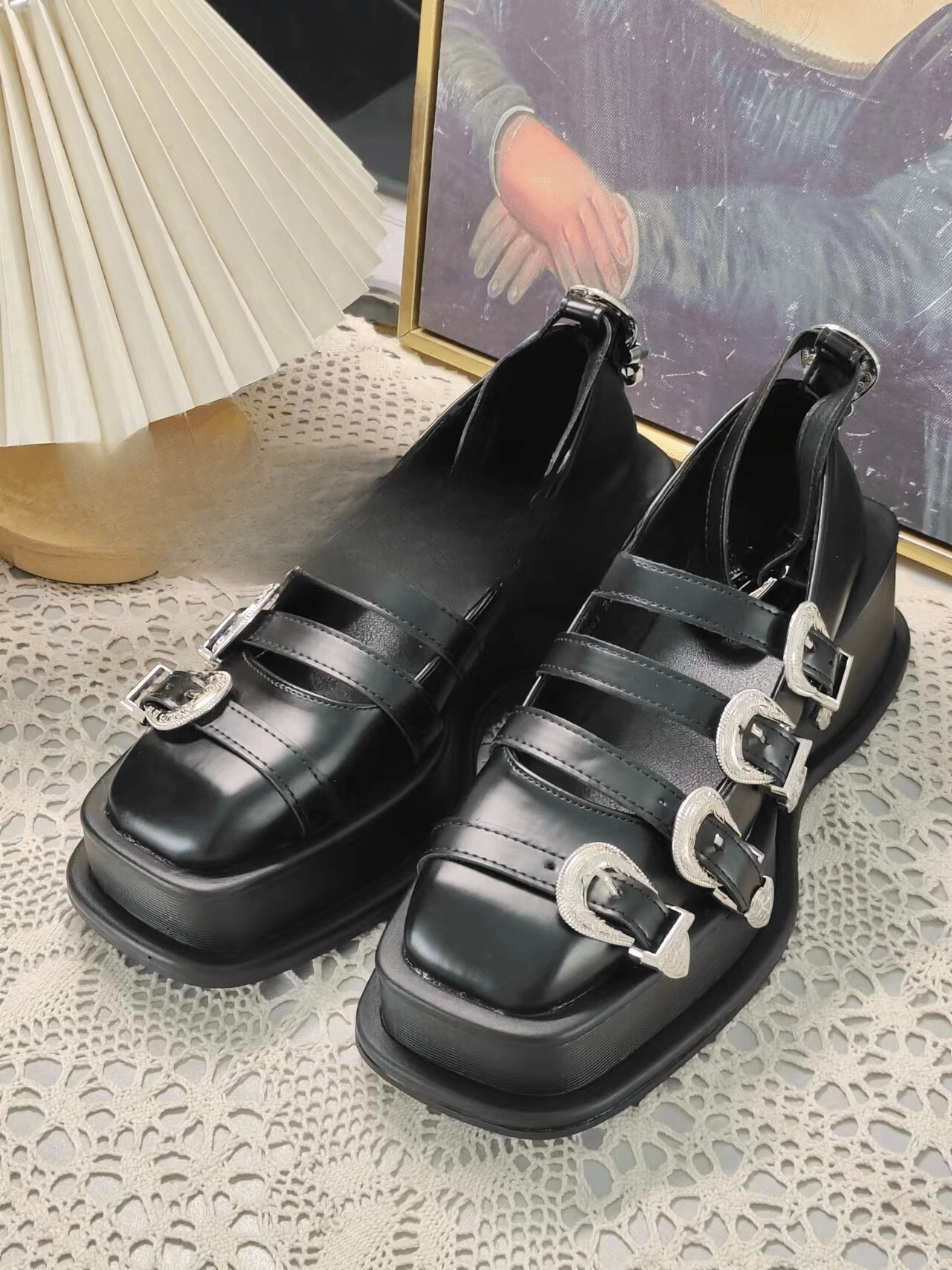 Belt Buckle Black Leather Shoes for Women Sandals Pumps Mary Jane