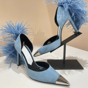 Blue Metal Pointed Toe Feather Sandals Pumps Women's High Heels Light Luxury Socialite Style