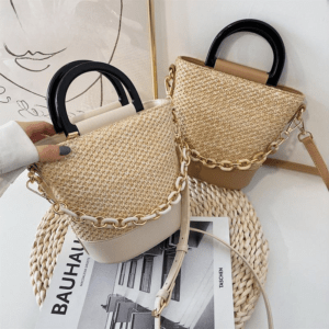 Chain Woven Bucket Bag Crossbody Bags for Women Casual Handbags for Women Messenger Bag Beach Bags Straw Basket Ladies Straw Bag