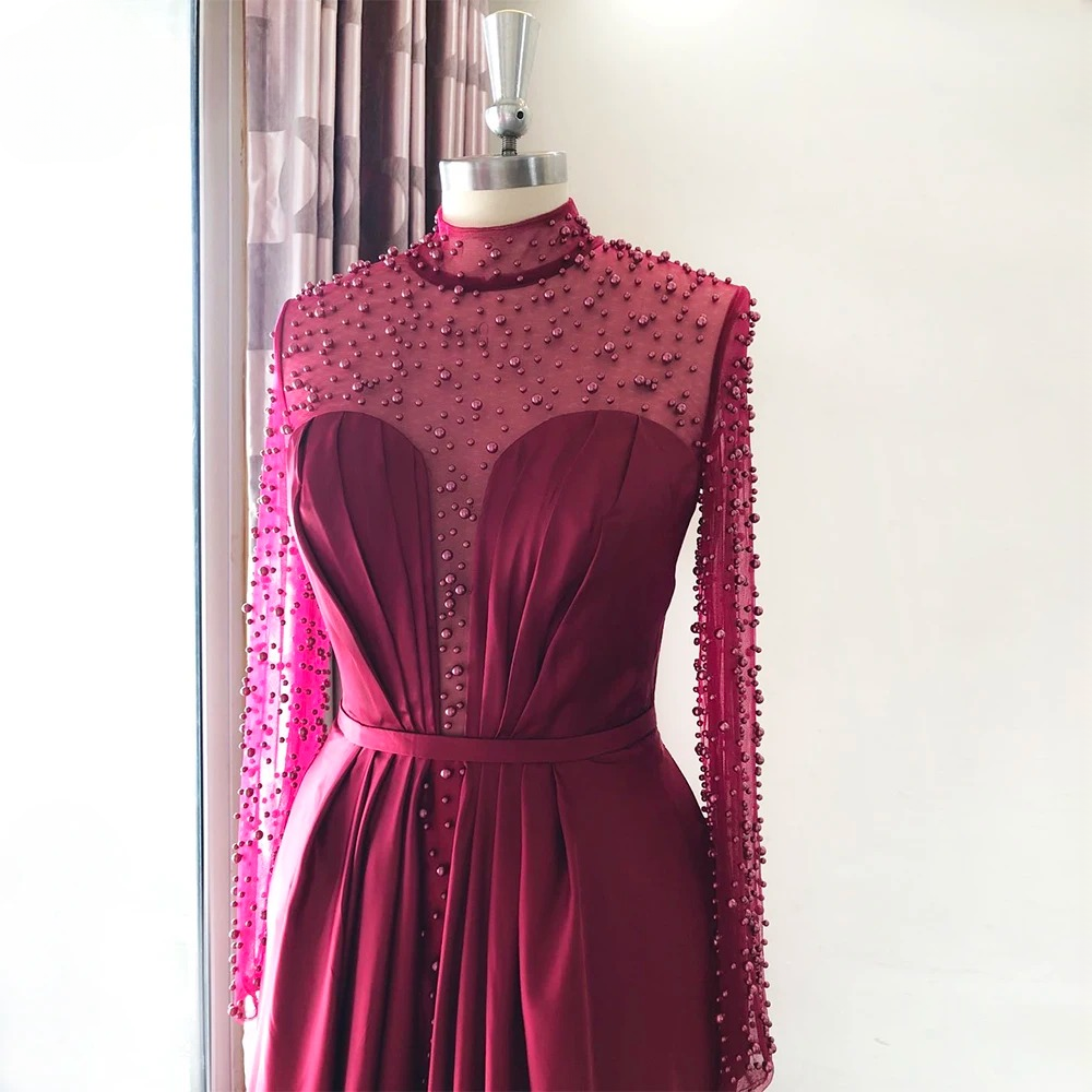 Elegant Aline High Neck Long Sleeves Chiffon Pearls Ruffles Dress - Image 6