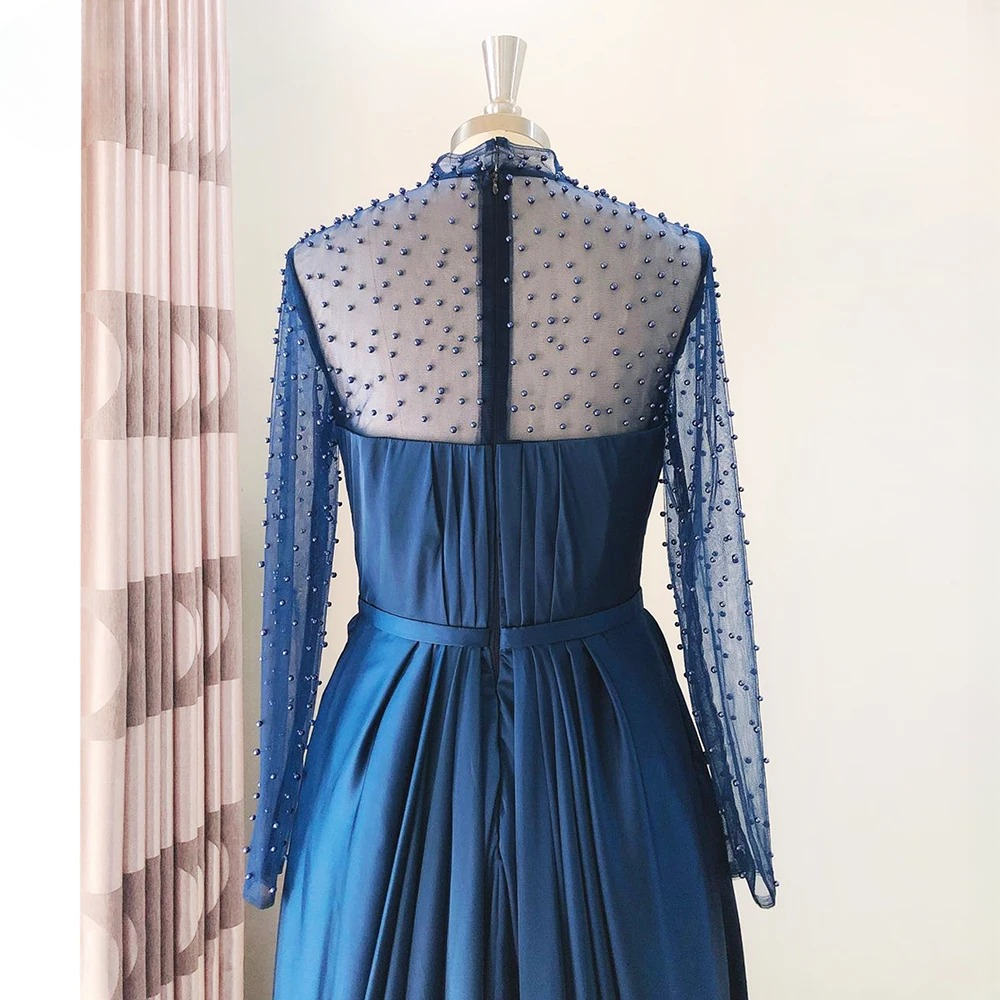 Elegant Aline High Neck Long Sleeves Chiffon Pearls Ruffles Dress - Image 4