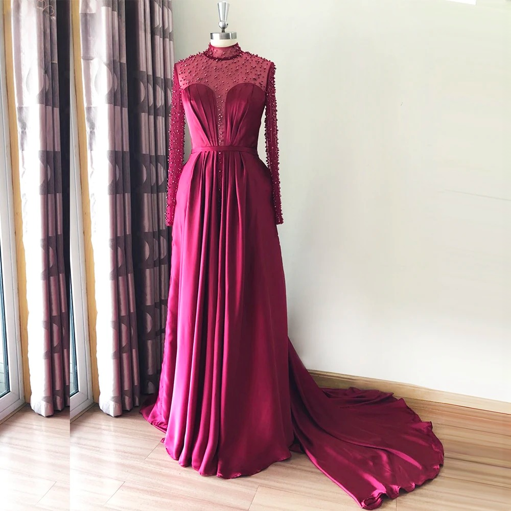 Elegant Aline High Neck Long Sleeves Chiffon Pearls Ruffles Dress - Image 7