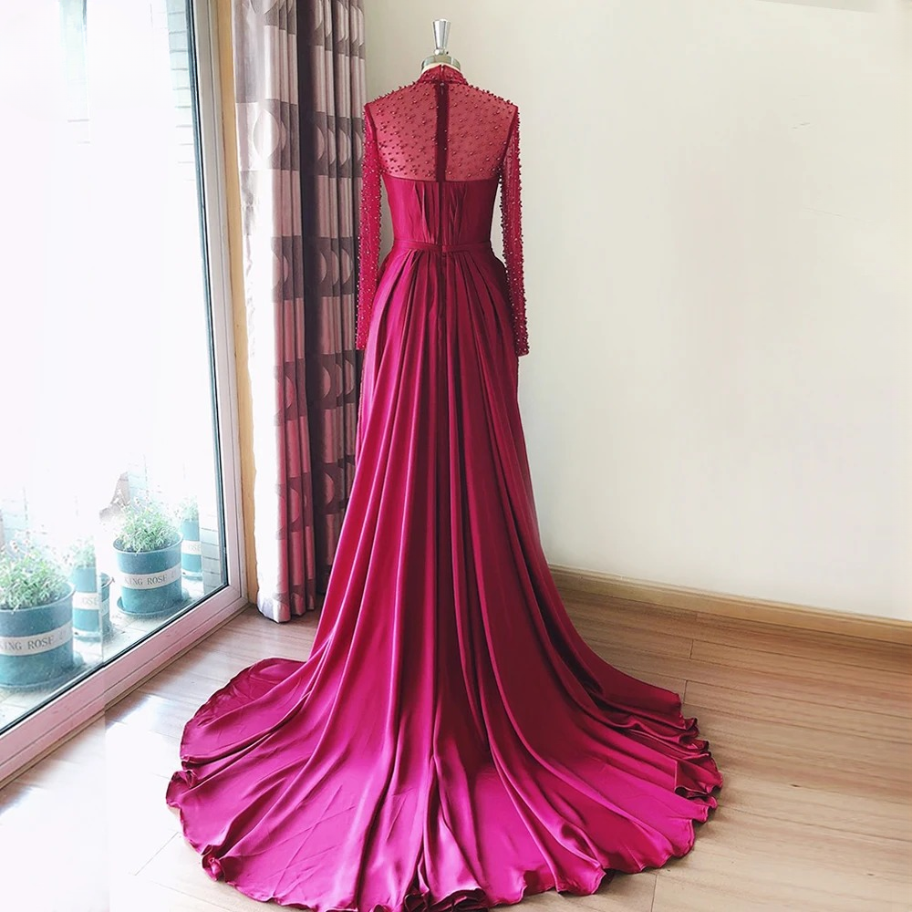 Elegant Aline High Neck Long Sleeves Chiffon Pearls Ruffles Dress - Image 11