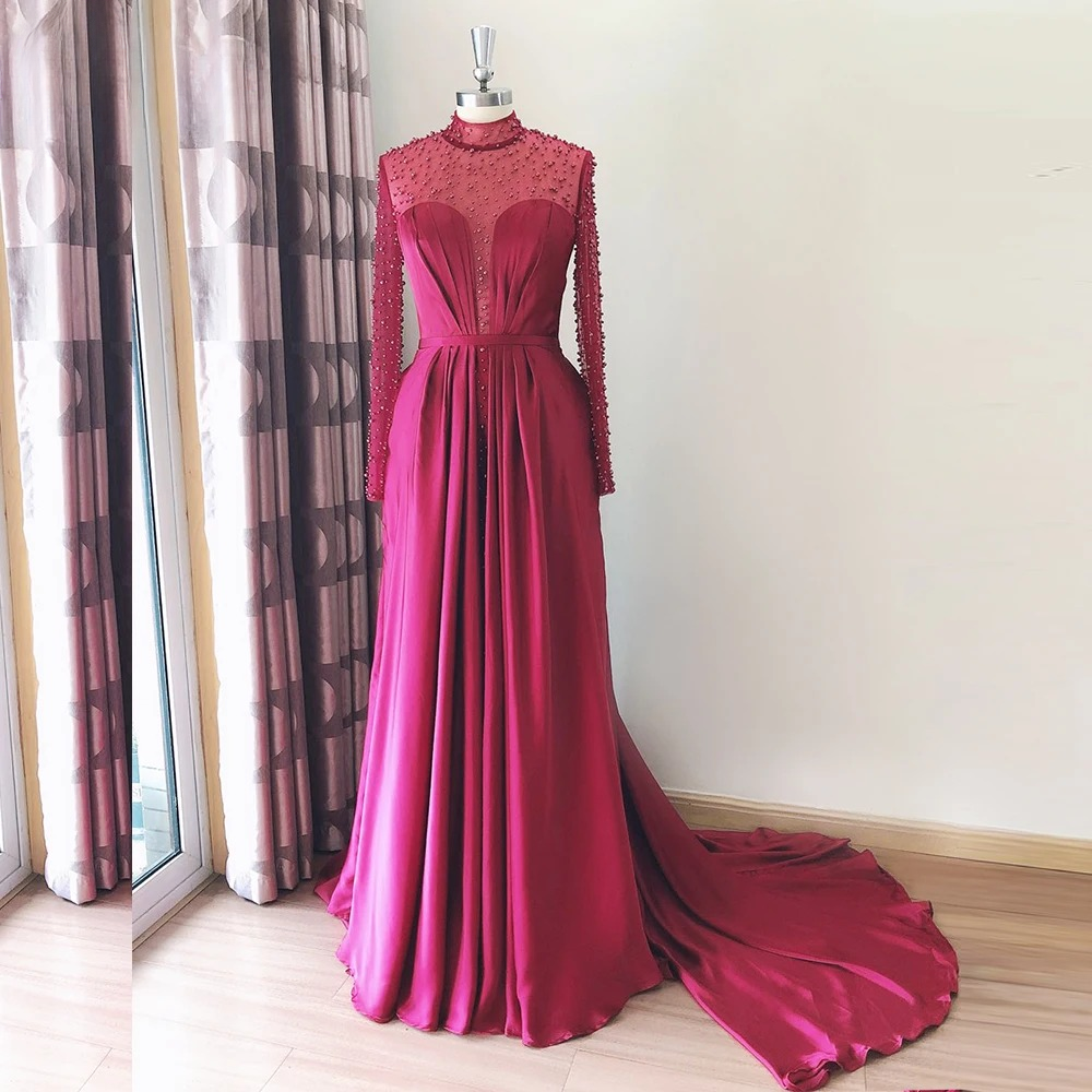 Elegant Aline High Neck Long Sleeves Chiffon Pearls Ruffles Dress - Image 8