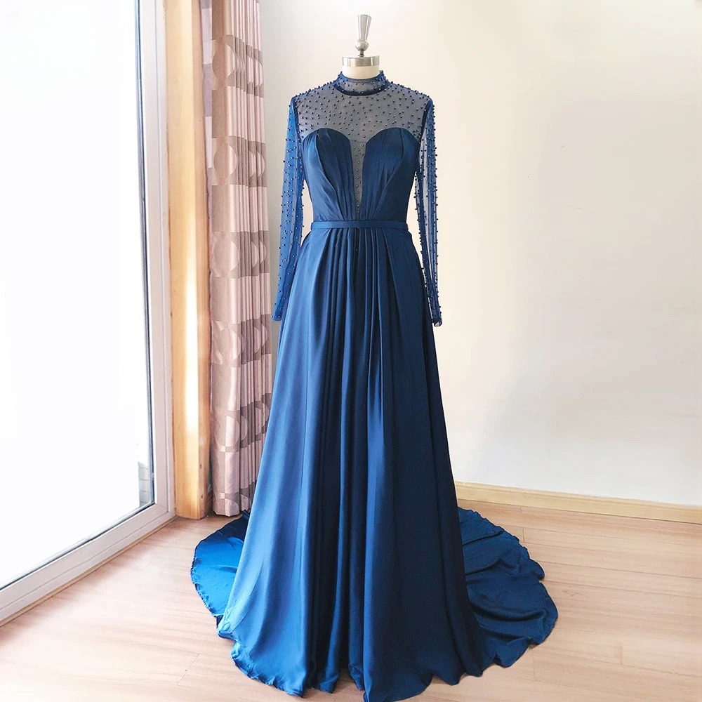 Elegant Aline High Neck Long Sleeves Chiffon Pearls Ruffles Dress