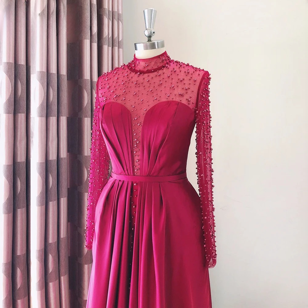 Elegant Aline High Neck Long Sleeves Chiffon Pearls Ruffles Dress - Image 9