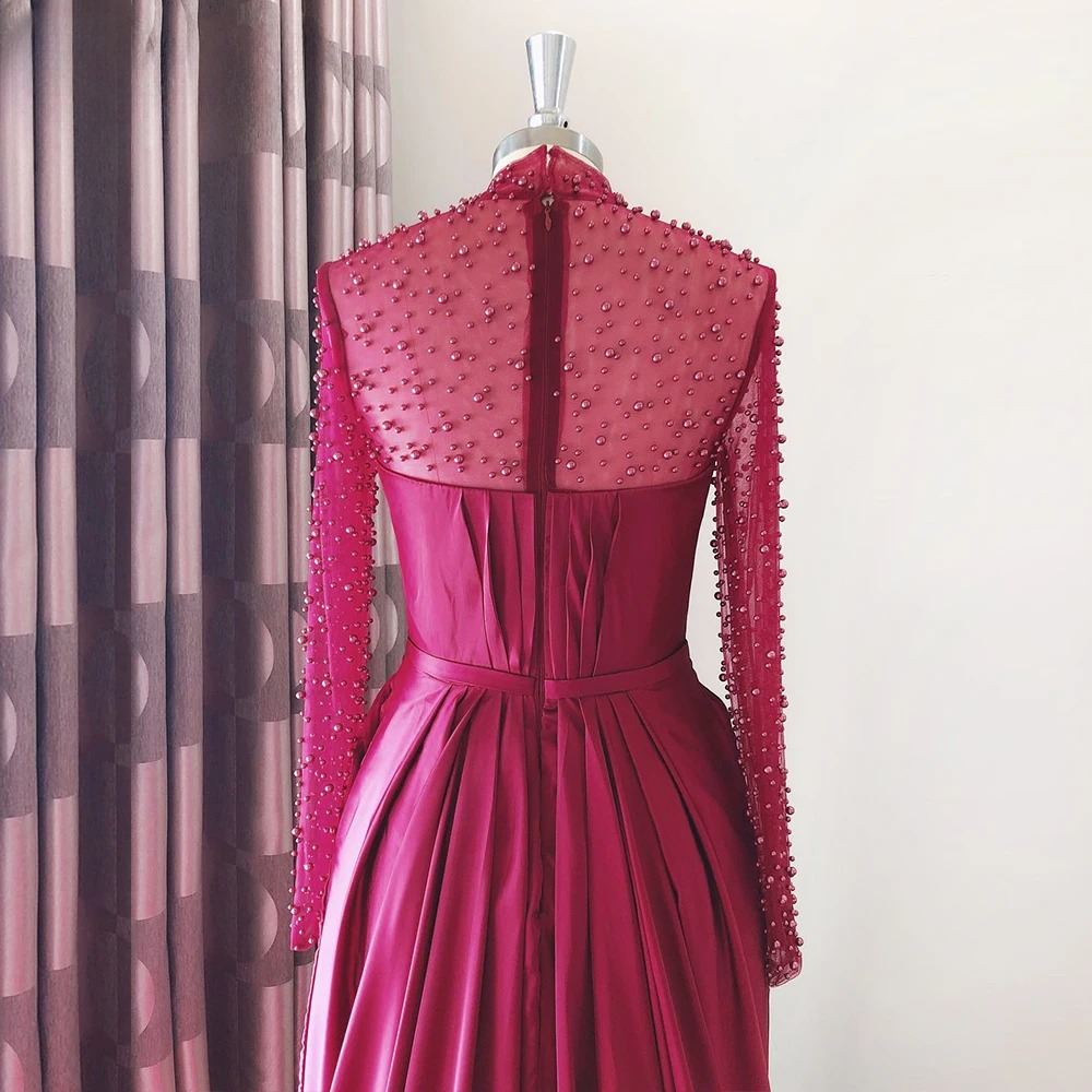 Elegant Aline High Neck Long Sleeves Chiffon Pearls Ruffles Dress - Image 10