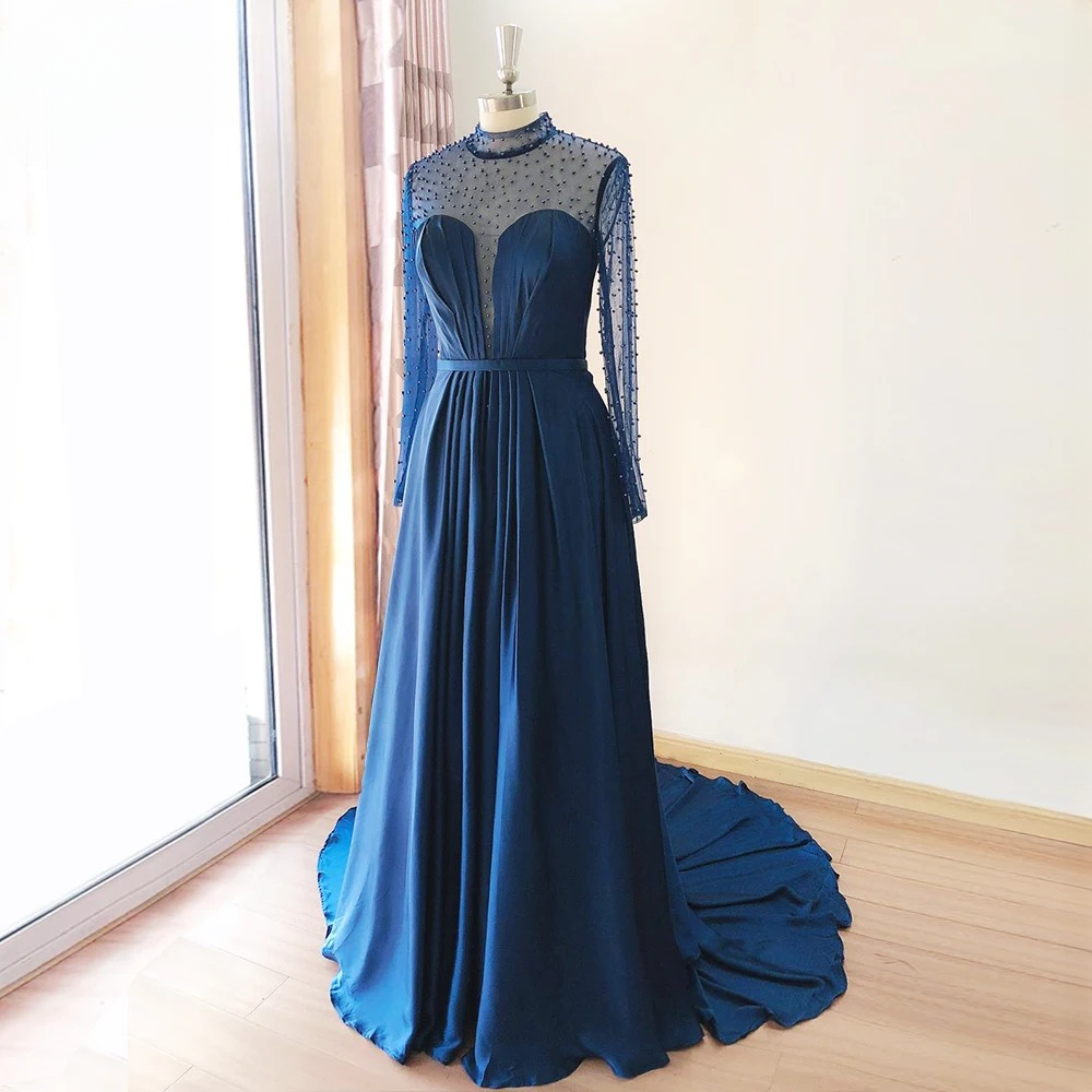 Elegant Aline High Neck Long Sleeves Chiffon Pearls Ruffles Dress - Image 2