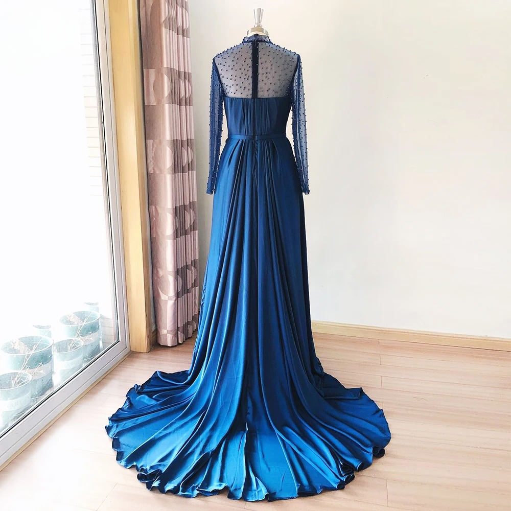 Elegant Aline High Neck Long Sleeves Chiffon Pearls Ruffles Dress - Image 5