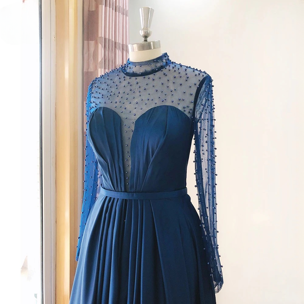 Elegant Aline High Neck Long Sleeves Chiffon Pearls Ruffles Dress - Image 3