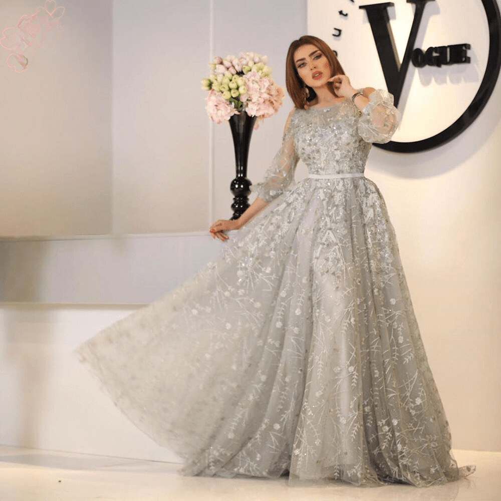 Elegant Lace Evening Night Dress for Women 2023 Aline O Neck Trumpet Sleeves - Image 3