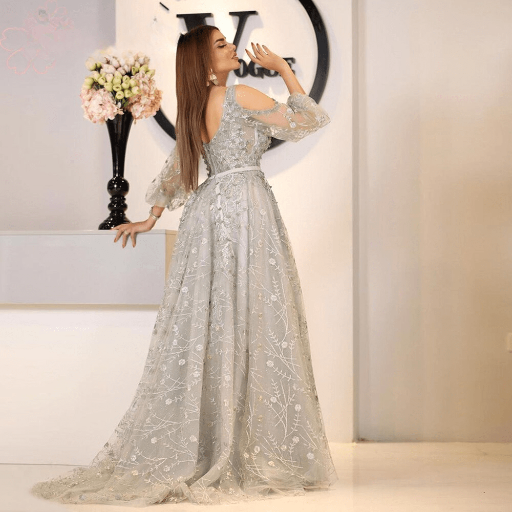Elegant Lace Evening Night Dress for Women 2023 Aline O Neck Trumpet Sleeves - Image 4