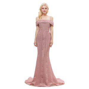 Elegant Mermaid Evening Night Dress for Women 2023 Full Lace Pearls Off Shoulder Beads