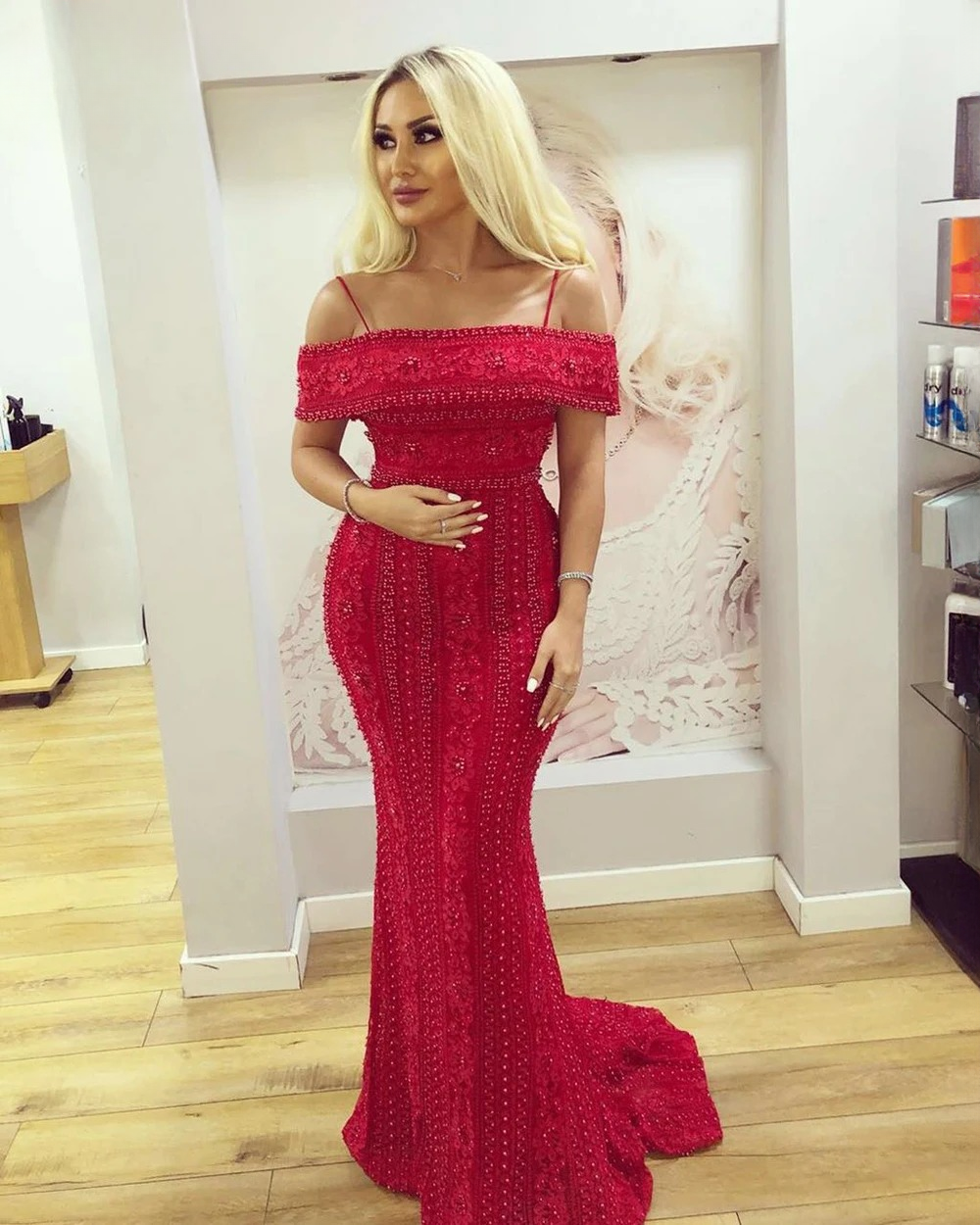 Elegant Mermaid Full Lace Pearls Off Shoulder Beads Evening Party Dress