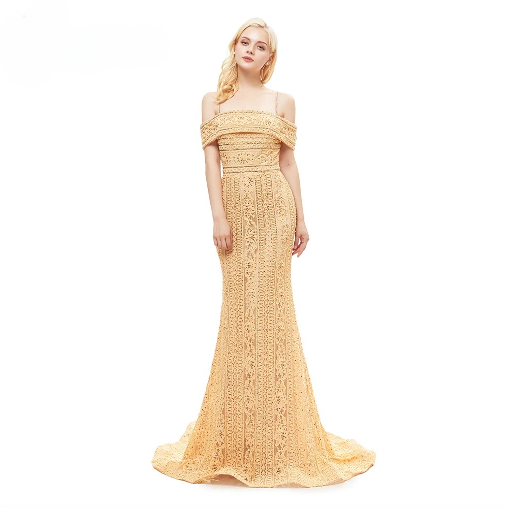 Elegant Mermaid Full Lace Pearls Off Shoulder Beads Evening Party Dress - Image 7