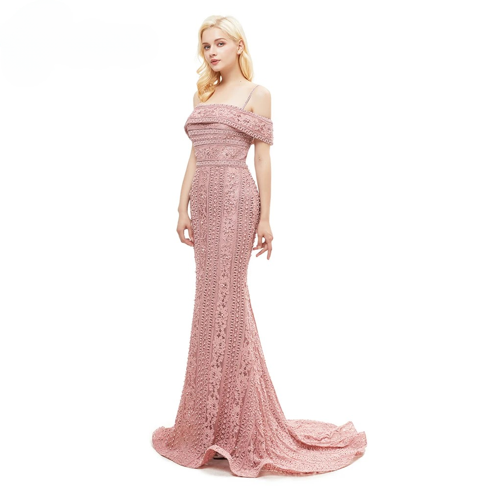 Elegant Mermaid Full Lace Pearls Off Shoulder Beads Evening Party Dress - Image 4