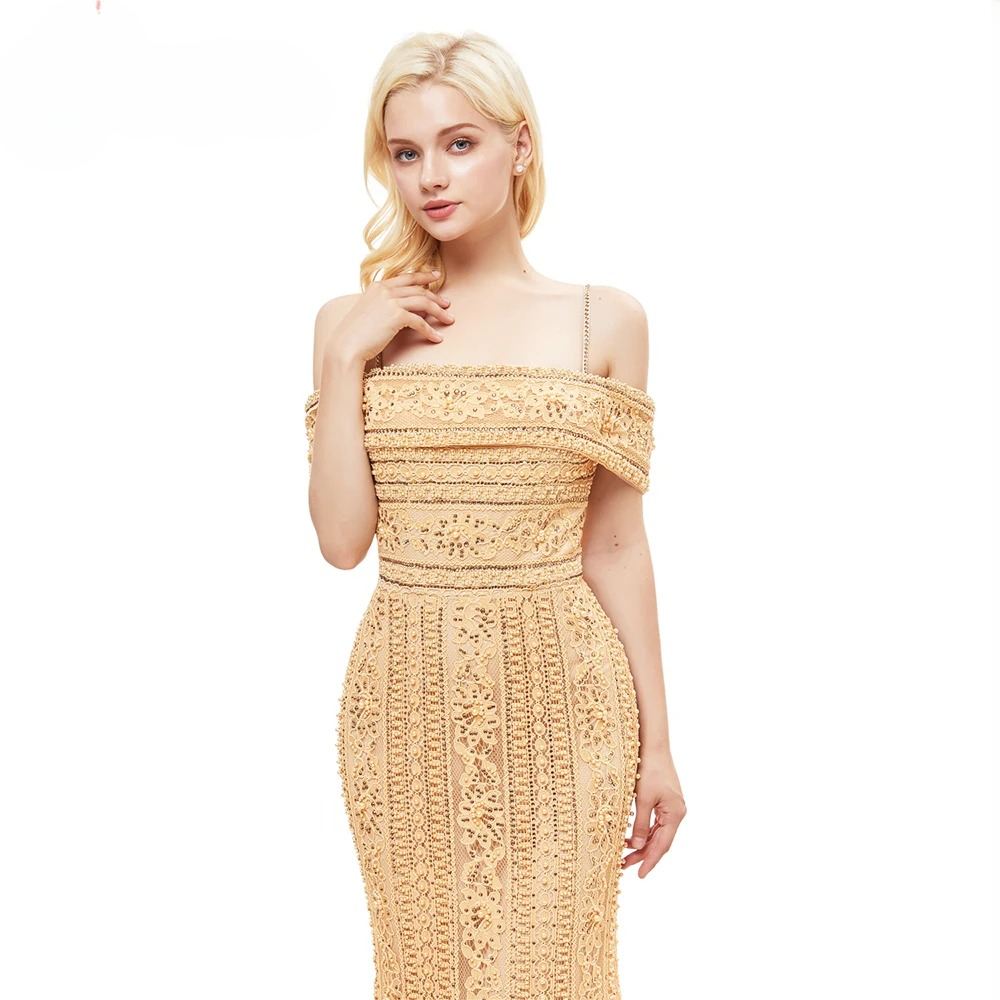 Elegant Mermaid Full Lace Pearls Off Shoulder Beads Evening Party Dress - Image 9