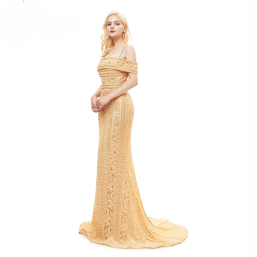 Elegant Mermaid Full Lace Pearls Off Shoulder Beads Evening Party Dress - Image 8