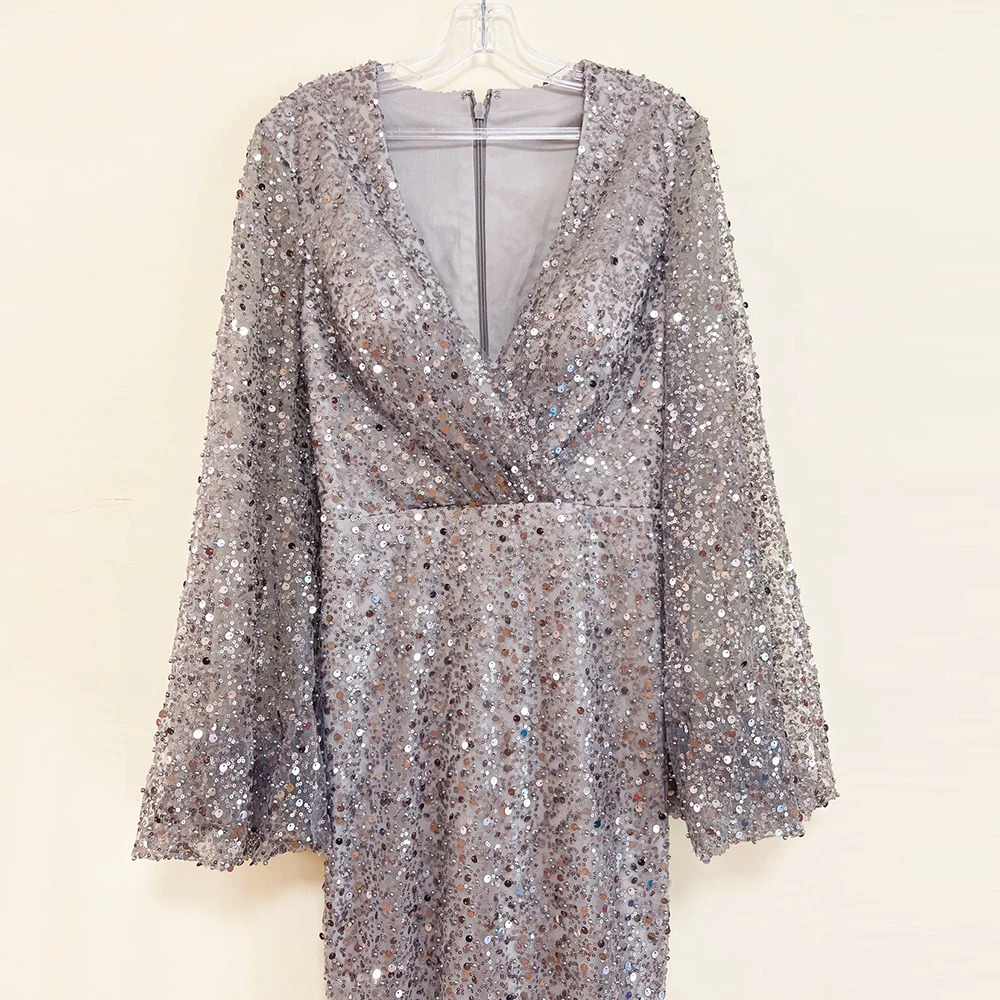 Elegant Mermaid V-Neck Long Puff Sleeves Beads Evening Party Dress - Image 3