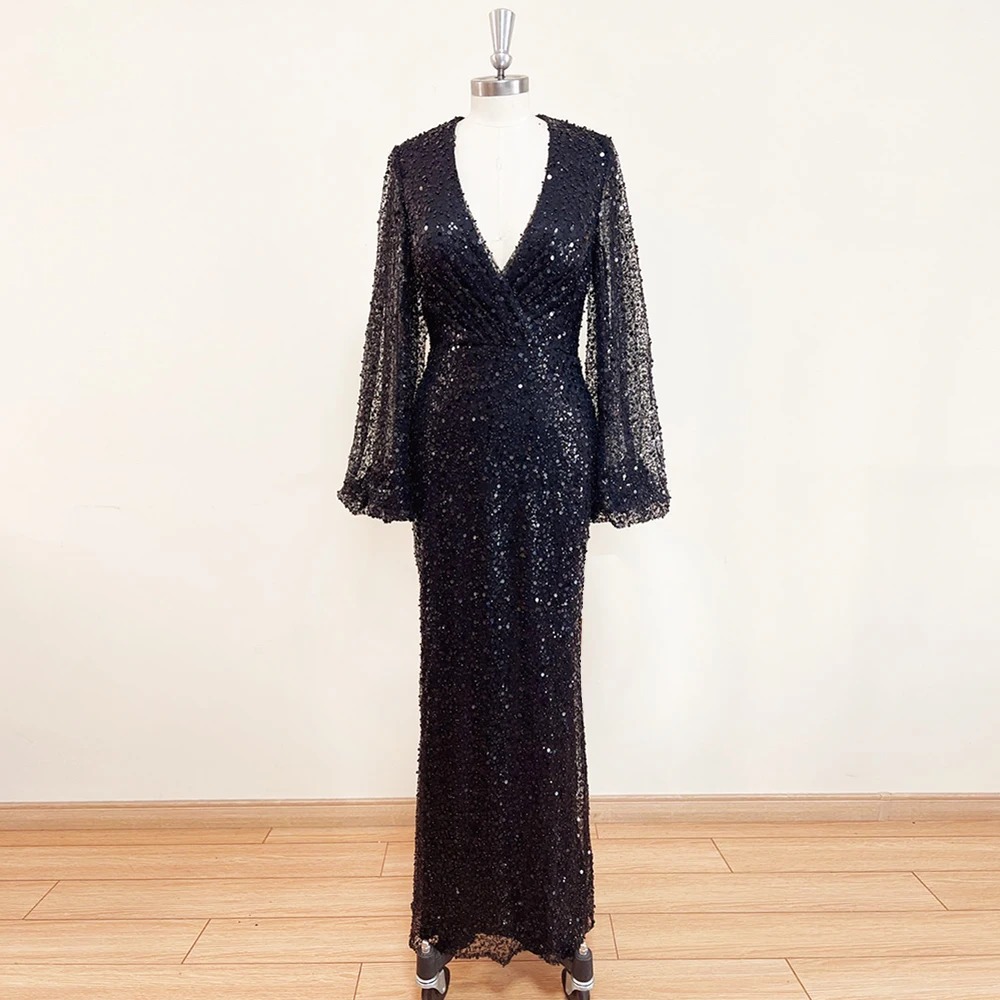 Elegant Mermaid V-Neck Long Puff Sleeves Beads Evening Party Dress - Image 4