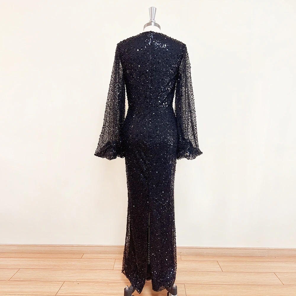 Elegant Mermaid V-Neck Long Puff Sleeves Beads Evening Party Dress - Image 5