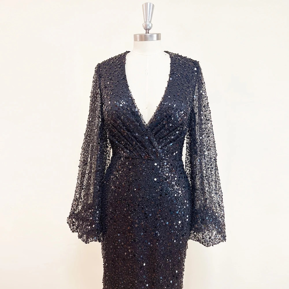 Elegant Mermaid V-Neck Long Puff Sleeves Beads Evening Party Dress - Image 6