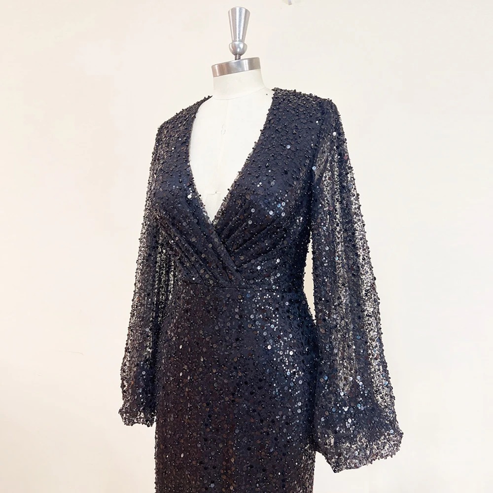 Elegant Mermaid V-Neck Long Puff Sleeves Beads Evening Party Dress - Image 7