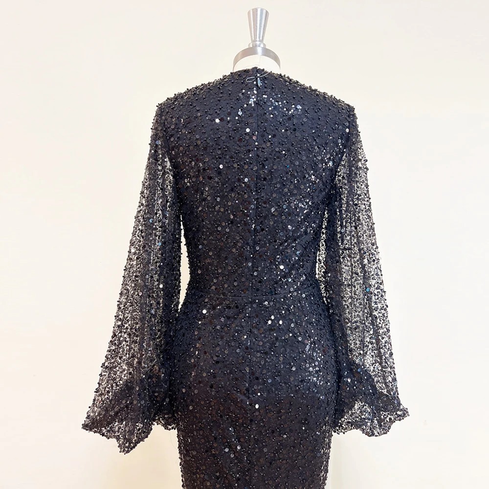 Elegant Mermaid V-Neck Long Puff Sleeves Beads Evening Party Dress - Image 8