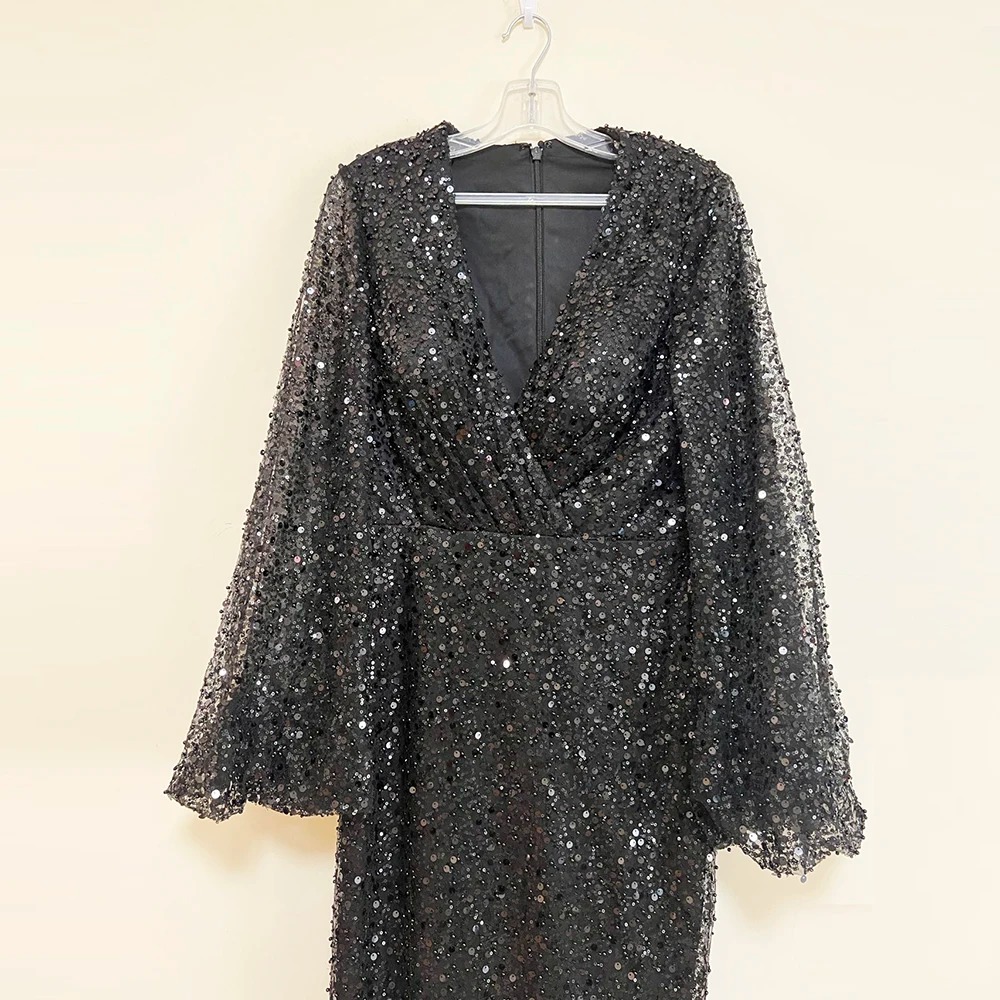 Elegant Mermaid V-Neck Long Puff Sleeves Beads Evening Party Dress - Image 9