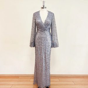 Elegant Mermaid V-Neck Long Puff Sleeves Beads Evening Party Dress