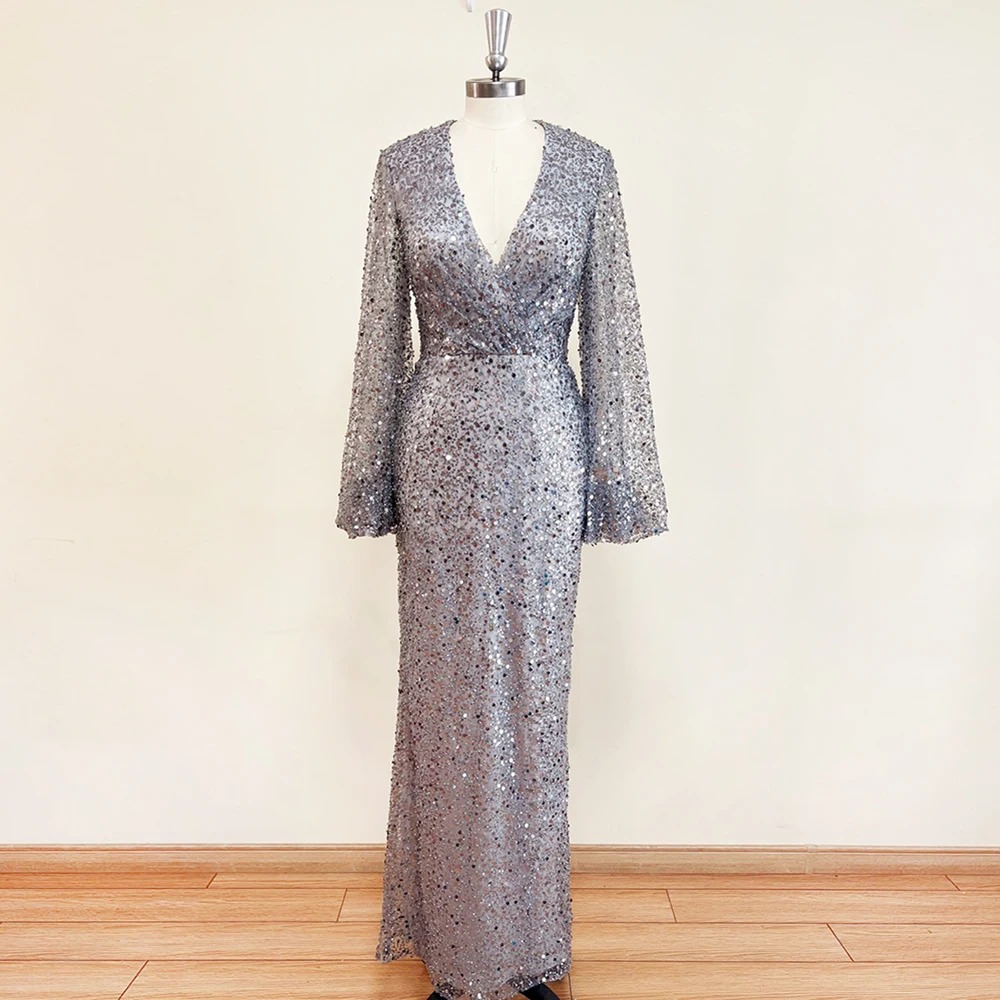 Elegant Mermaid V-Neck Long Puff Sleeves Beads Evening Party Dress