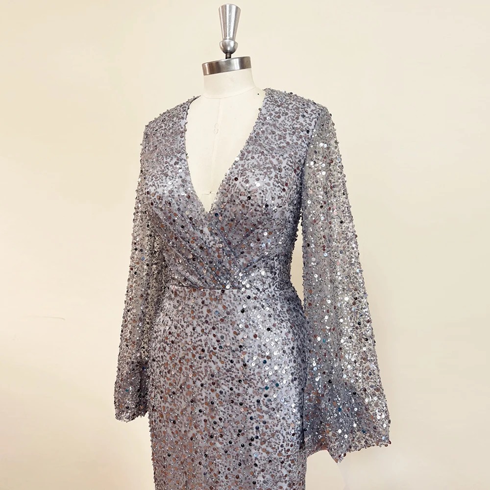 Elegant Mermaid V-Neck Long Puff Sleeves Beads Evening Party Dress - Image 2