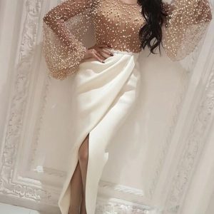 Elegant Pearls Long Flared Sleeves Mermaid Front Slit Evening Party Dress