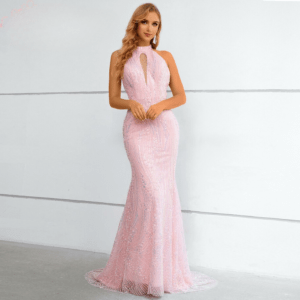 Elegant Pink Mermaid Evening Night Dance Dress for Women 2023 Halter Beads Sequin
