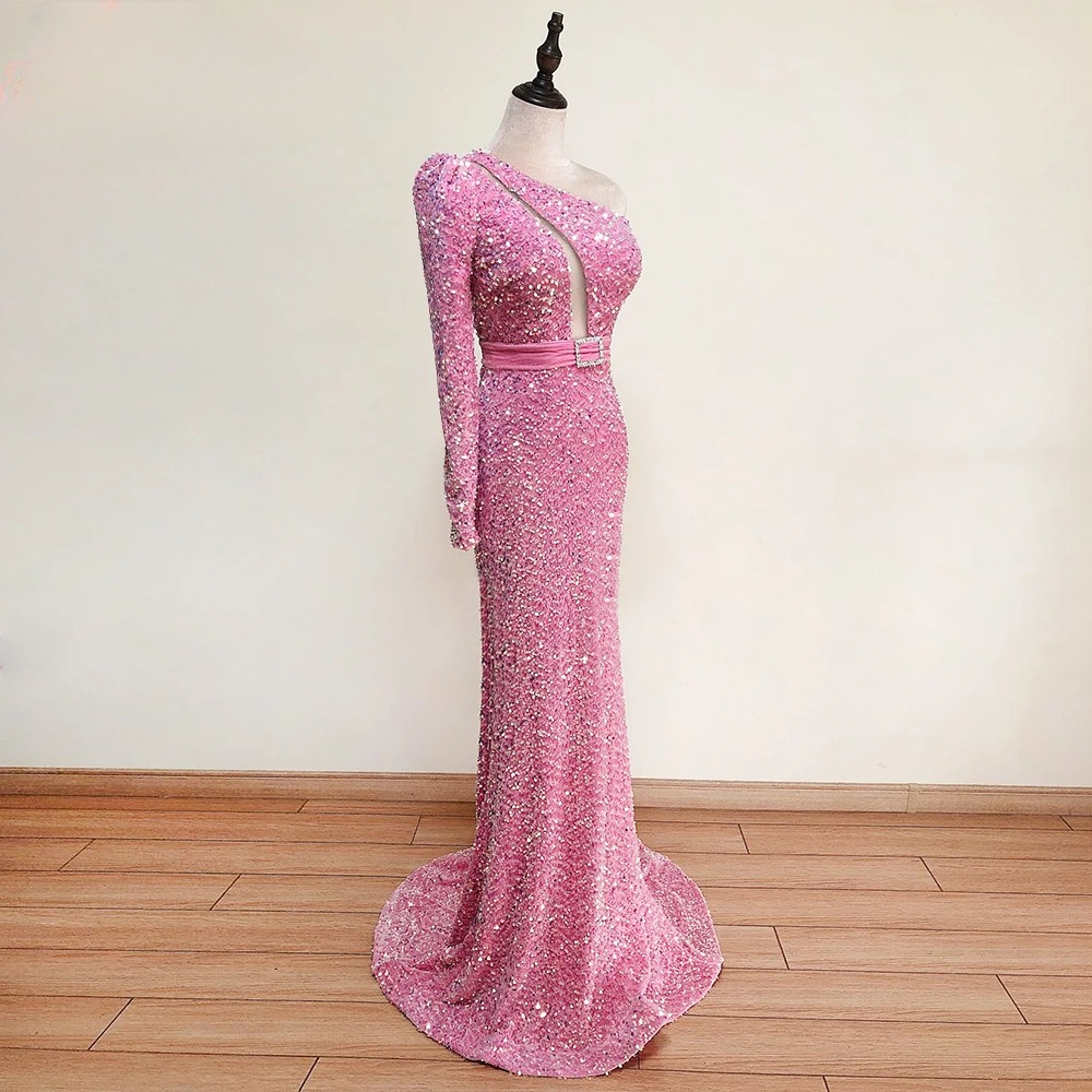 Elegant Sequin Velvet Dresses One Shoulder Long Sleeves Mermaid Dress - Image 3