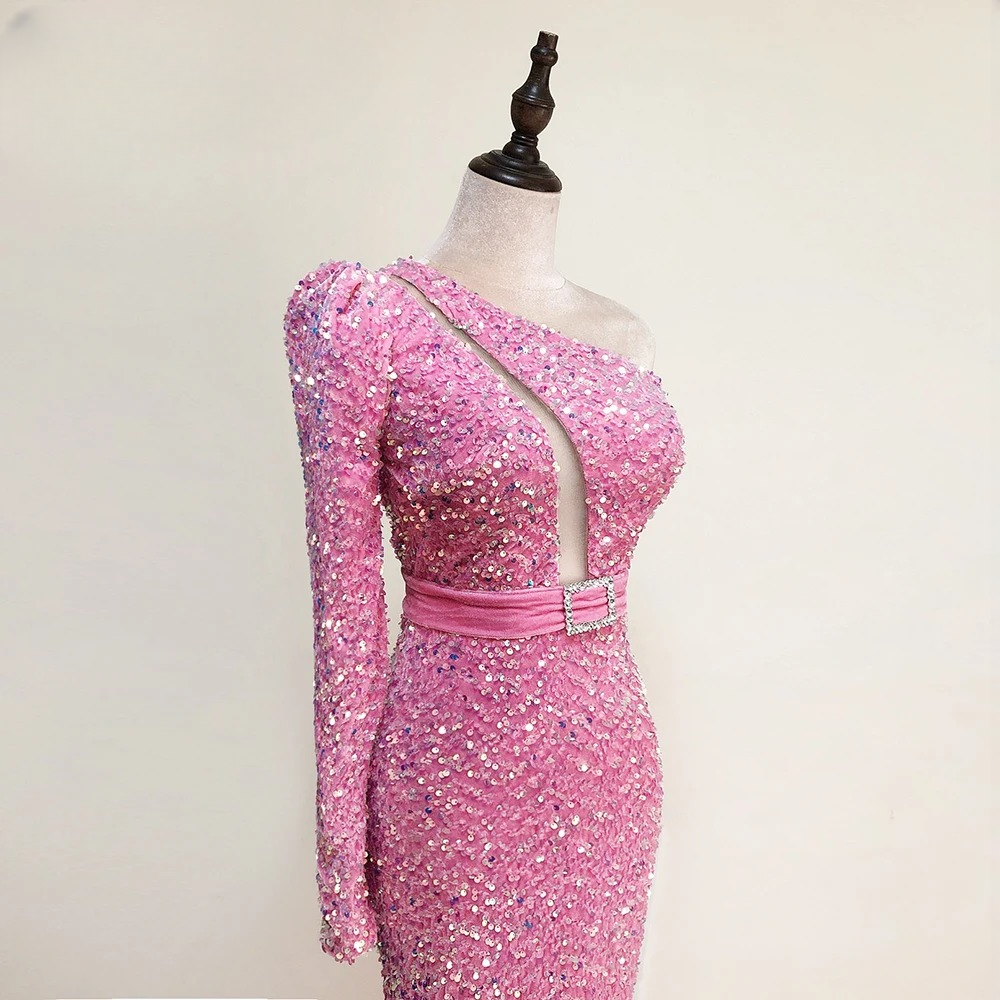 Elegant Sequin Velvet Dresses One Shoulder Long Sleeves Mermaid Dress - Image 4