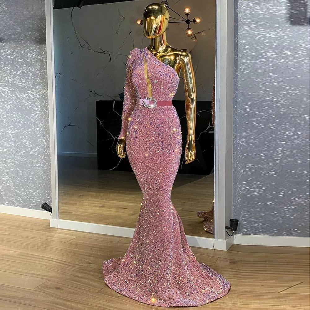 Elegant Sequin Velvet Dresses One Shoulder Long Sleeves Mermaid Dress