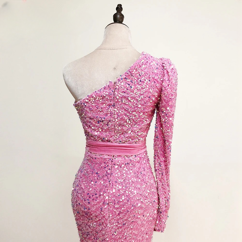 Elegant Sequin Velvet Dresses One Shoulder Long Sleeves Mermaid Dress - Image 5