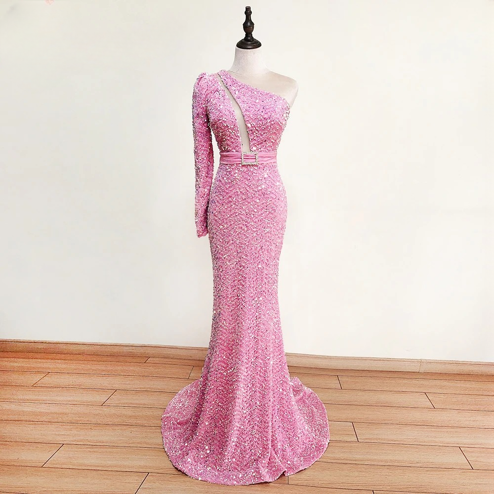 Elegant Sequin Velvet Dresses One Shoulder Long Sleeves Mermaid Dress - Image 2